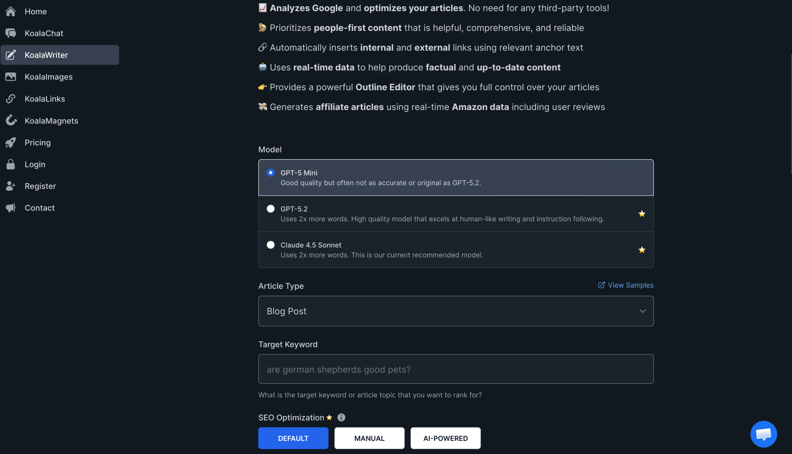 Koala AI article generation interface