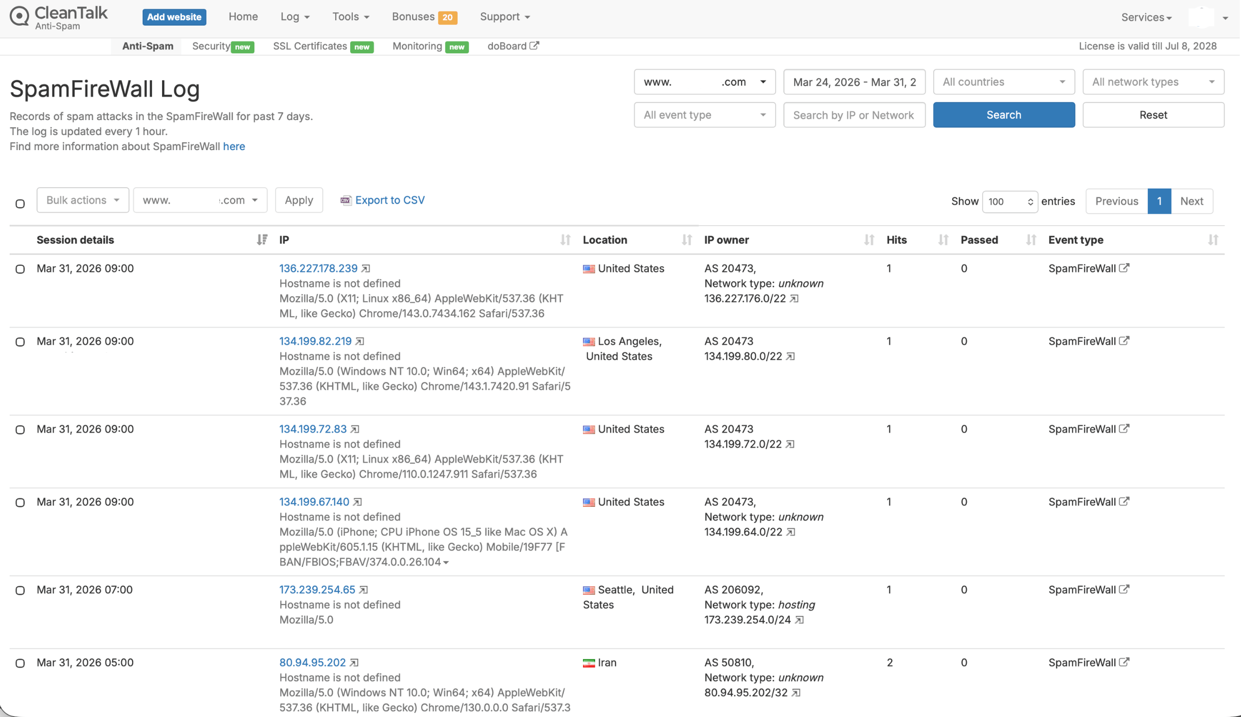 CleanTalk SpamFireWall log showing blocked spam attempts